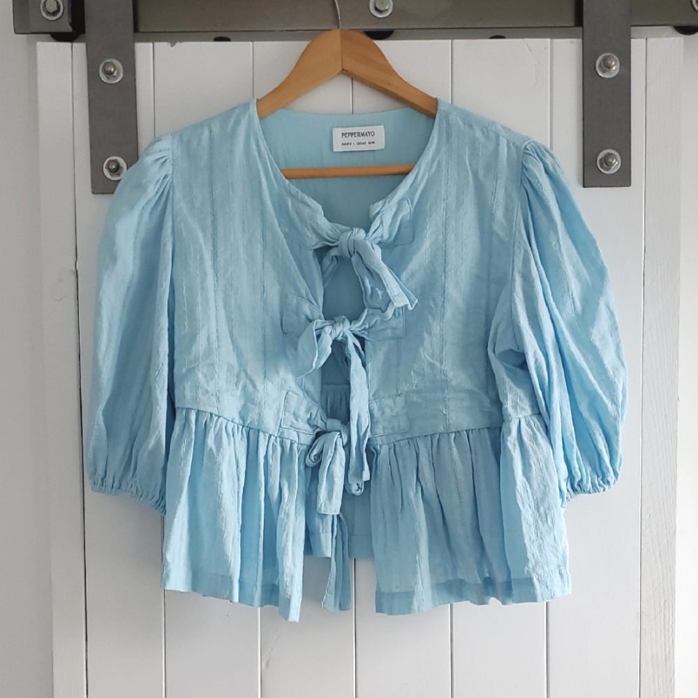 Peppermayo Blue Puff Sleeve Tie Front Blouse - Picture 1 of 2